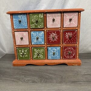 Hand Painted Wooden 12 Drawer Spice Chest Jewelry Box Multi Color Boho Folk Art
